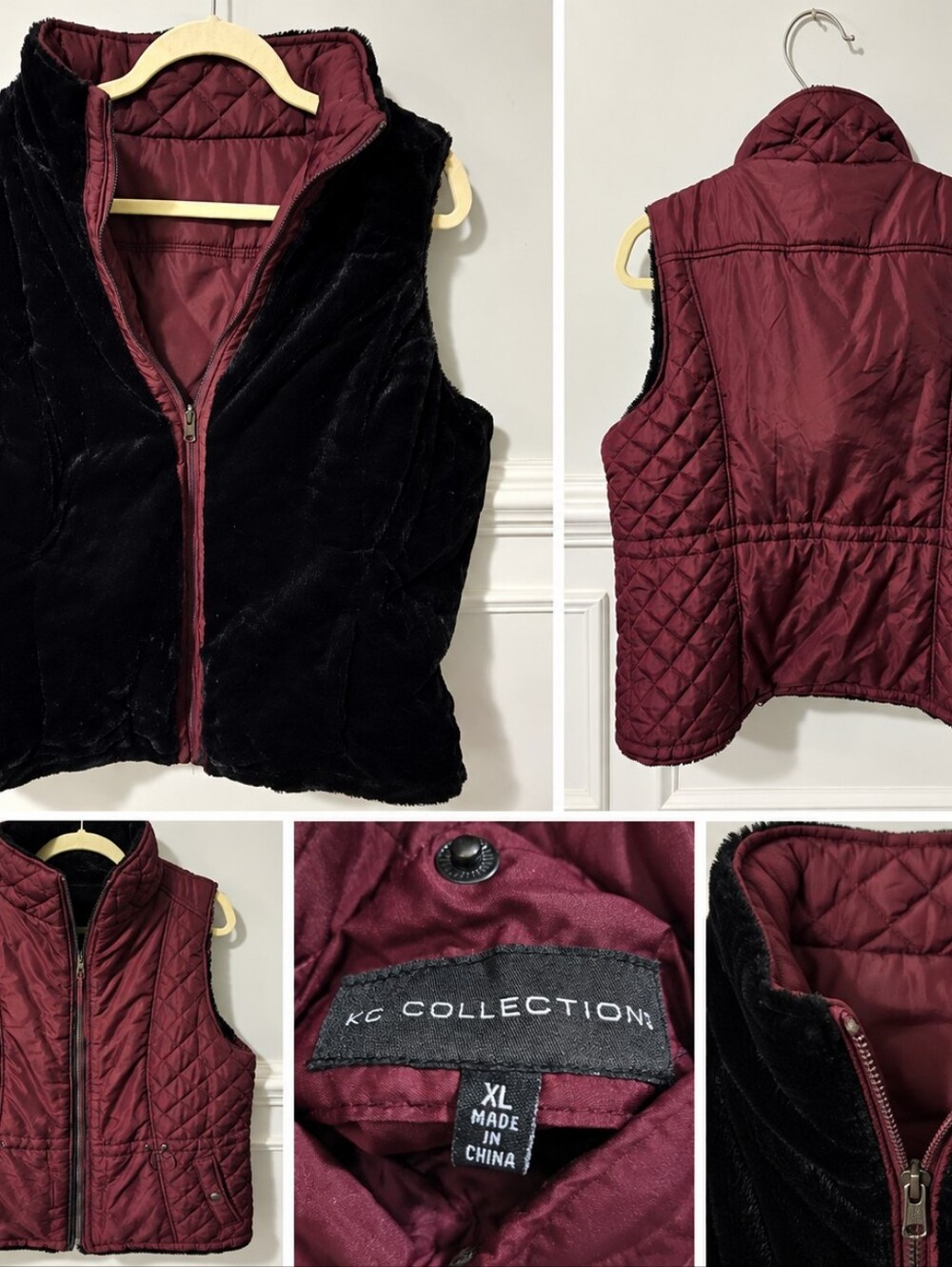 KC COLLECTION Reversible Quilted Vest in Burgundy and Black